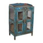 Antique Blue Patina Teak Glass Almirah Cabinet – 1900s Gujarat