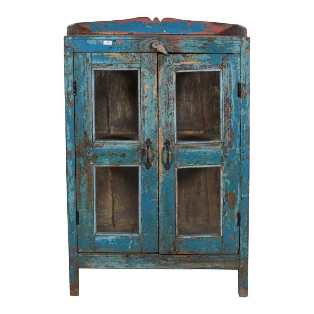 Antique Blue Patina Teak Glass Almirah Cabinet – 1900s Gujarat - Image 2