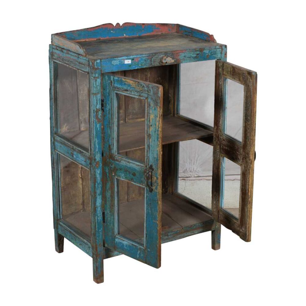 Antique Blue Patina Teak Glass Almirah Cabinet – 1900s Gujarat - Image 3