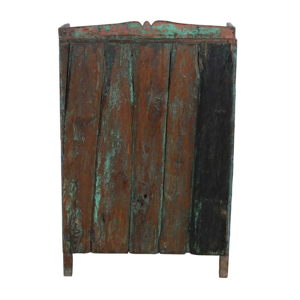 Antique Blue Patina Teak Glass Almirah Cabinet – 1900s Gujarat - Image 4