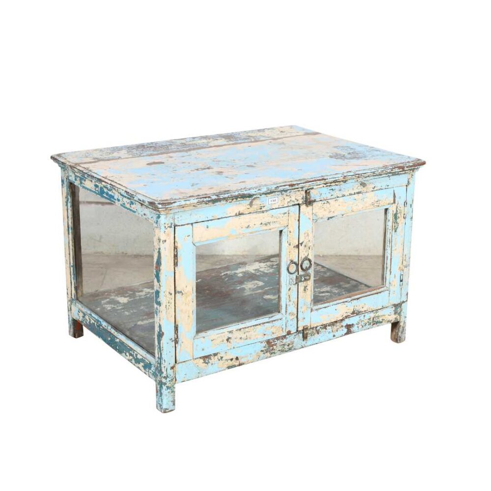 Vintage Distressed Blue Indian Glass Display Cabinet - Rustic Teak Wood Storage Unit