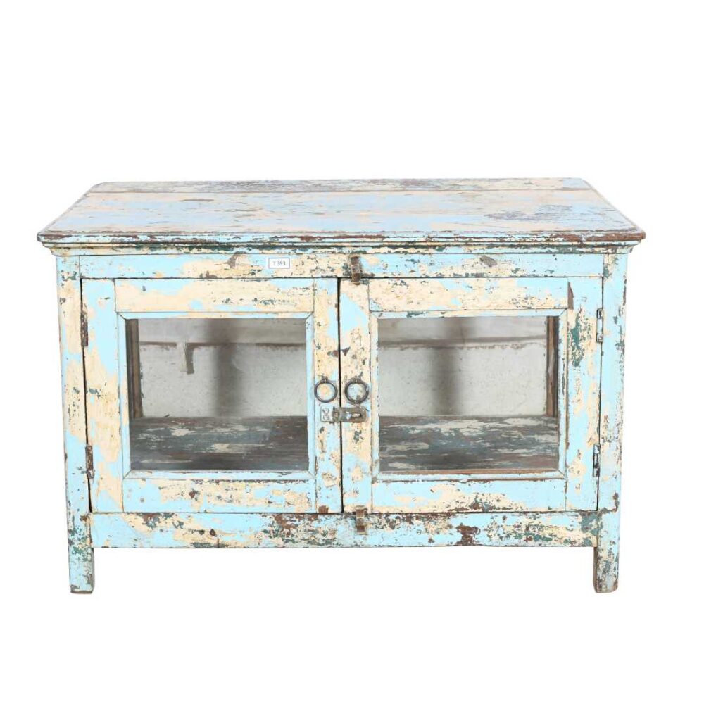 Vintage Distressed Blue Indian Glass Display Cabinet - Rustic Teak Wood Storage Unit - Image 4