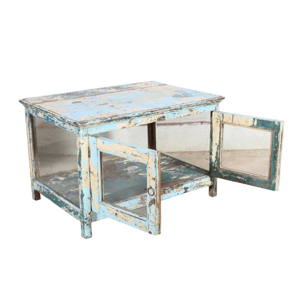 Vintage Distressed Blue Indian Glass Display Cabinet - Rustic Teak Wood Storage Unit - Image 3
