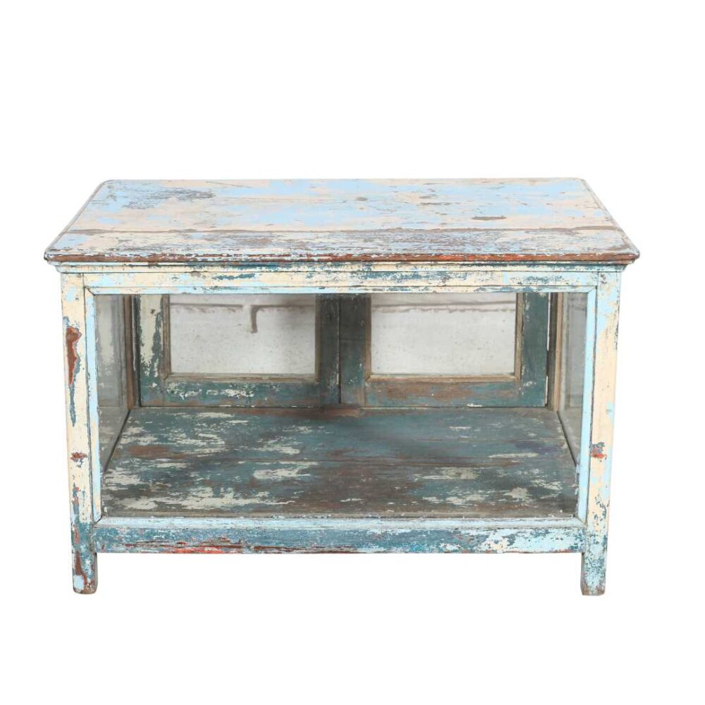 Vintage Distressed Blue Indian Glass Display Cabinet - Rustic Teak Wood Storage Unit - Image 2