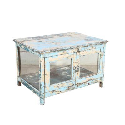 Vintage Distressed Blue Indian Glass Display Cabinet - Rustic Teak Wood Storage Unit