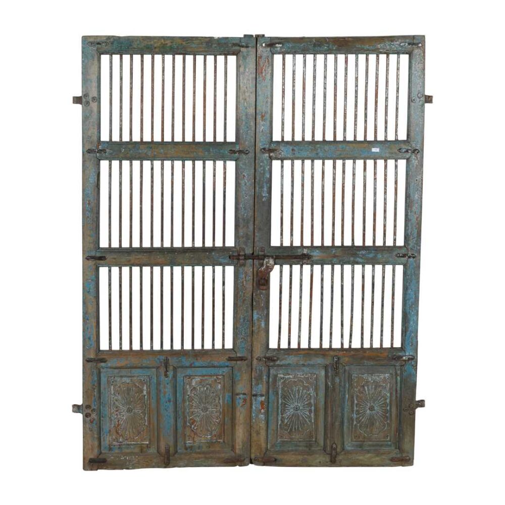 Antique Blue & Rust Patina Indian Teak Jali Door Pair – 19th Century Garden Gate