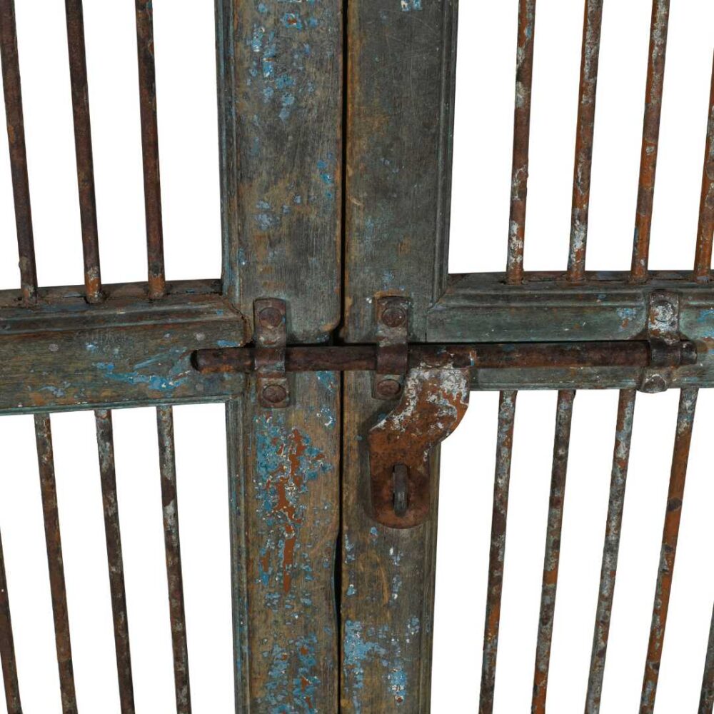 Antique Blue & Rust Patina Indian Teak Jali Door Pair – 19th Century Garden Gate - Image 4