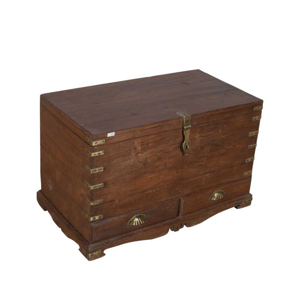 Antique Rich Brown Indian Teak Wood Dowry Treasure Chest – 19th Century Coffee Side Table - Image 2