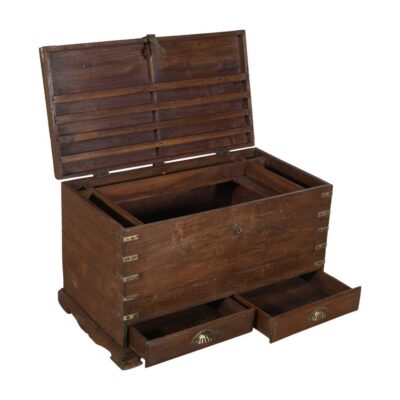 Antique Rich Brown Indian Teak Wood Dowry Treasure Chest – 19th Century Coffee Side Table