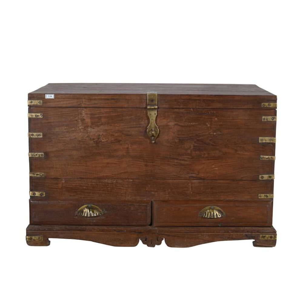 Antique Rich Brown Indian Teak Wood Dowry Treasure Chest – 19th Century Coffee Side Table - Image 4