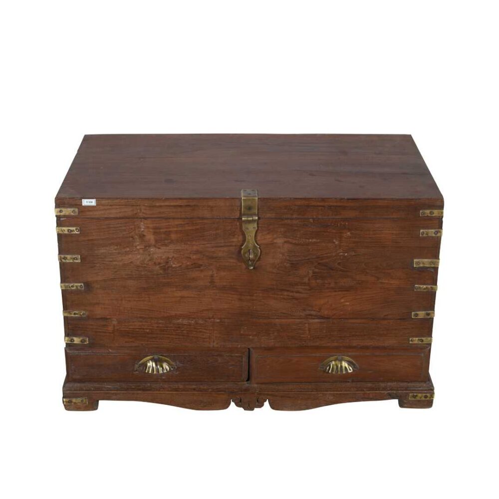 Antique Rich Brown Indian Teak Wood Dowry Treasure Chest – 19th Century Coffee Side Table - Image 3
