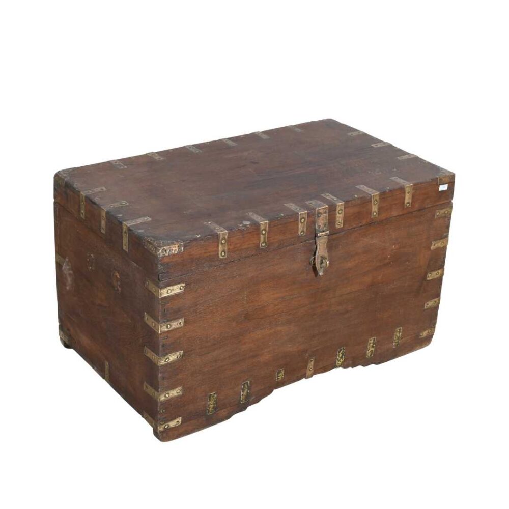 Antique Deep Walnut Brown Indian Teak Dowry Treasure Chest – 19th Century Coffee Side Table