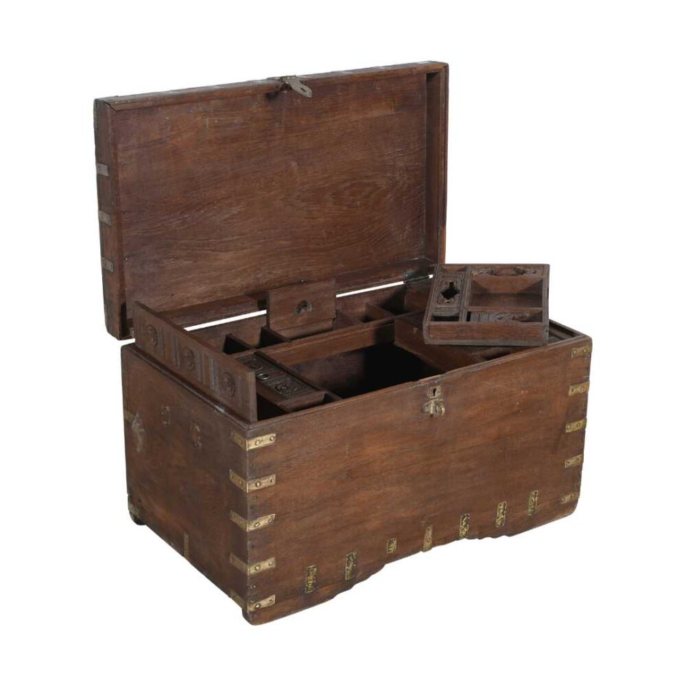 Antique Deep Walnut Brown Indian Teak Dowry Treasure Chest – 19th Century Coffee Side Table - Image 5