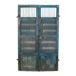 Antique Turquoise Blue Patina Indian Teak Jali Door Garden Gate Pair – 19th Century