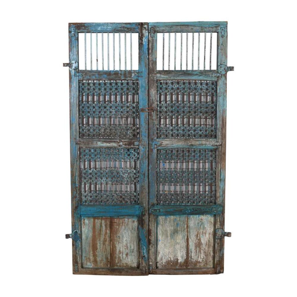 Antique Turquoise Blue Patina Indian Teak Jali Door Garden Gate Pair – 19th Century - Image 4
