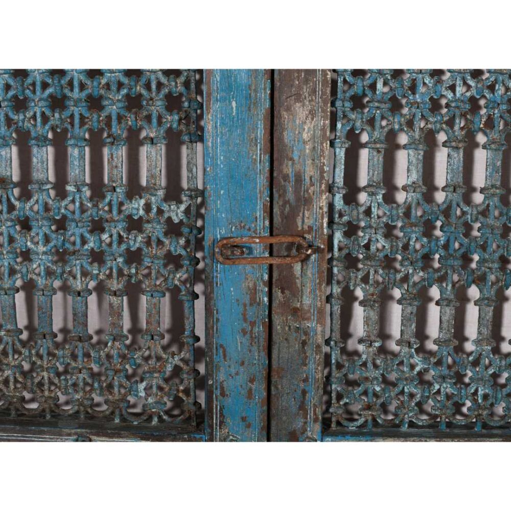 Antique Turquoise Blue Patina Indian Teak Jali Door Garden Gate Pair – 19th Century - Image 3