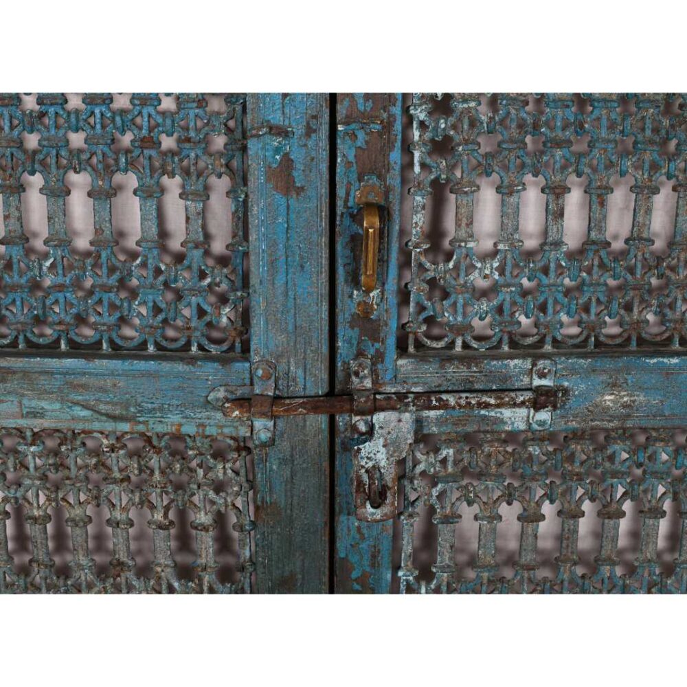 Antique Turquoise Blue Patina Indian Teak Jali Door Garden Gate Pair – 19th Century - Image 2