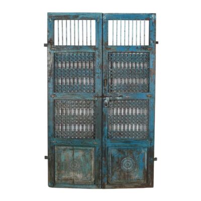 Antique Turquoise Blue Patina Indian Teak Jali Door Garden Gate Pair – 19th Century