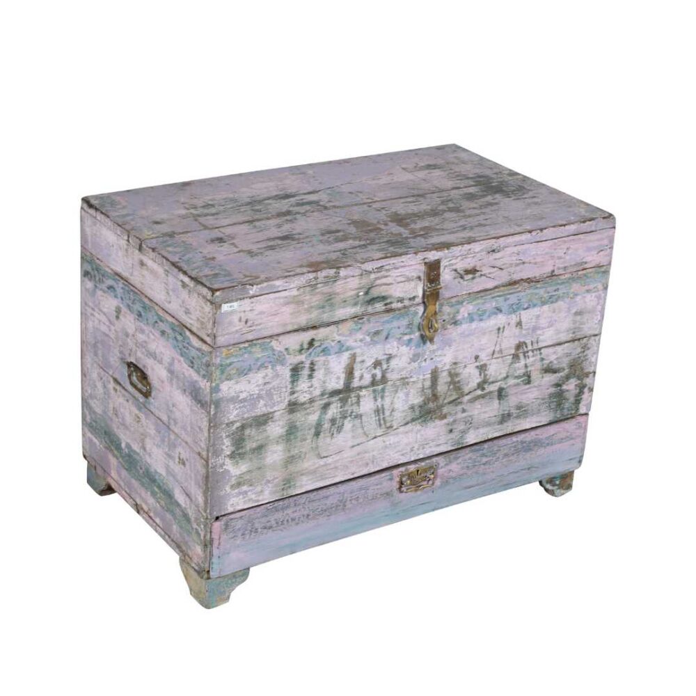 Antique Pastel Lilac & Blue Indian Teak Dowry Treasure Chest – 19th Century Coffee Side Table