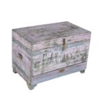 Antique Pastel Lilac & Blue Indian Teak Dowry Treasure Chest – 19th Century Coffee Side Table