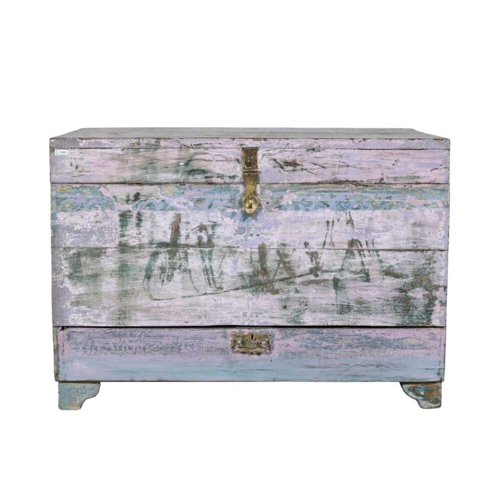 Antique Pastel Lilac & Blue Indian Teak Dowry Treasure Chest – 19th Century Coffee Side Table - Image 5