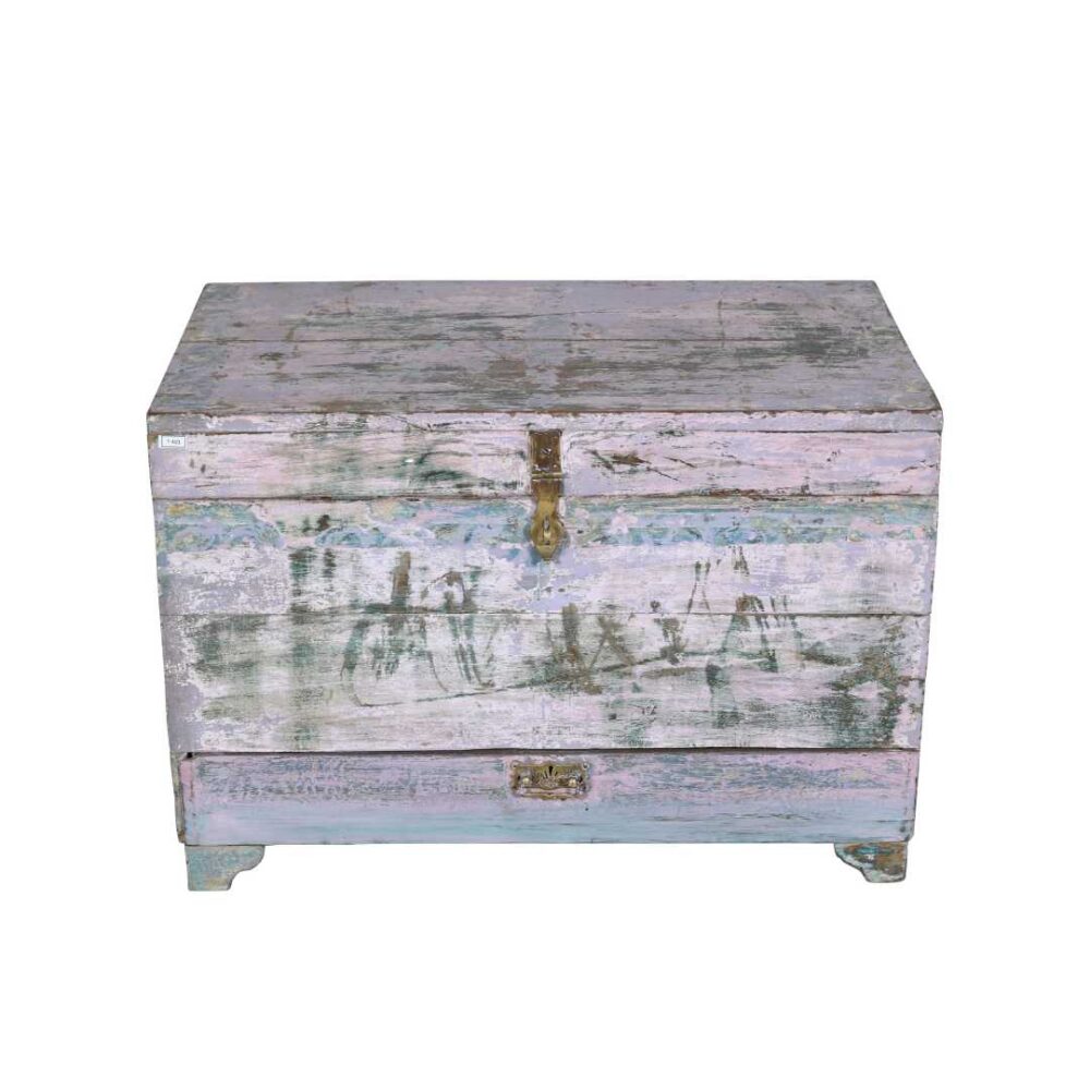 Antique Pastel Lilac & Blue Indian Teak Dowry Treasure Chest – 19th Century Coffee Side Table - Image 4