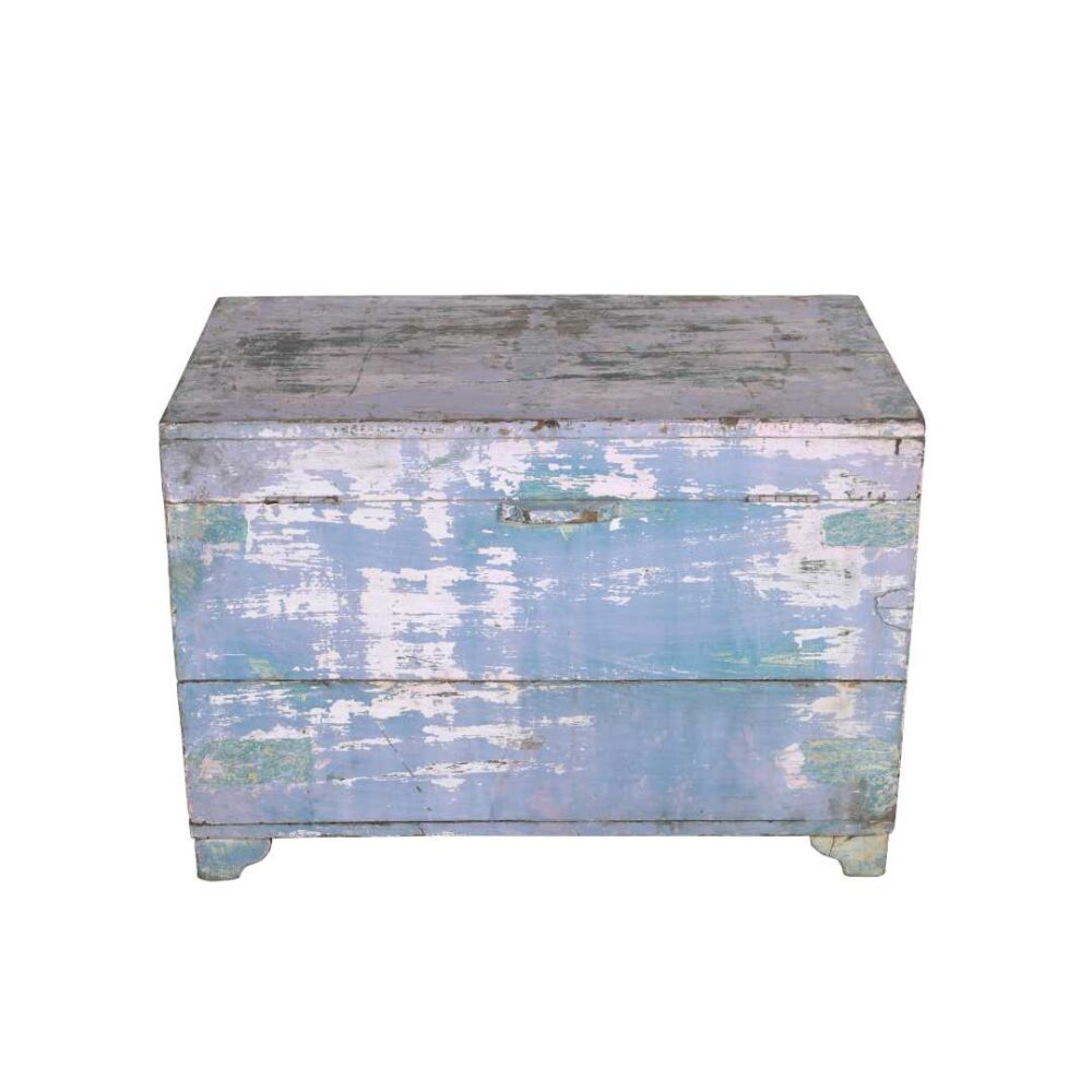 Antique Pastel Lilac & Blue Indian Teak Dowry Treasure Chest – 19th Century Coffee Side Table - Image 3