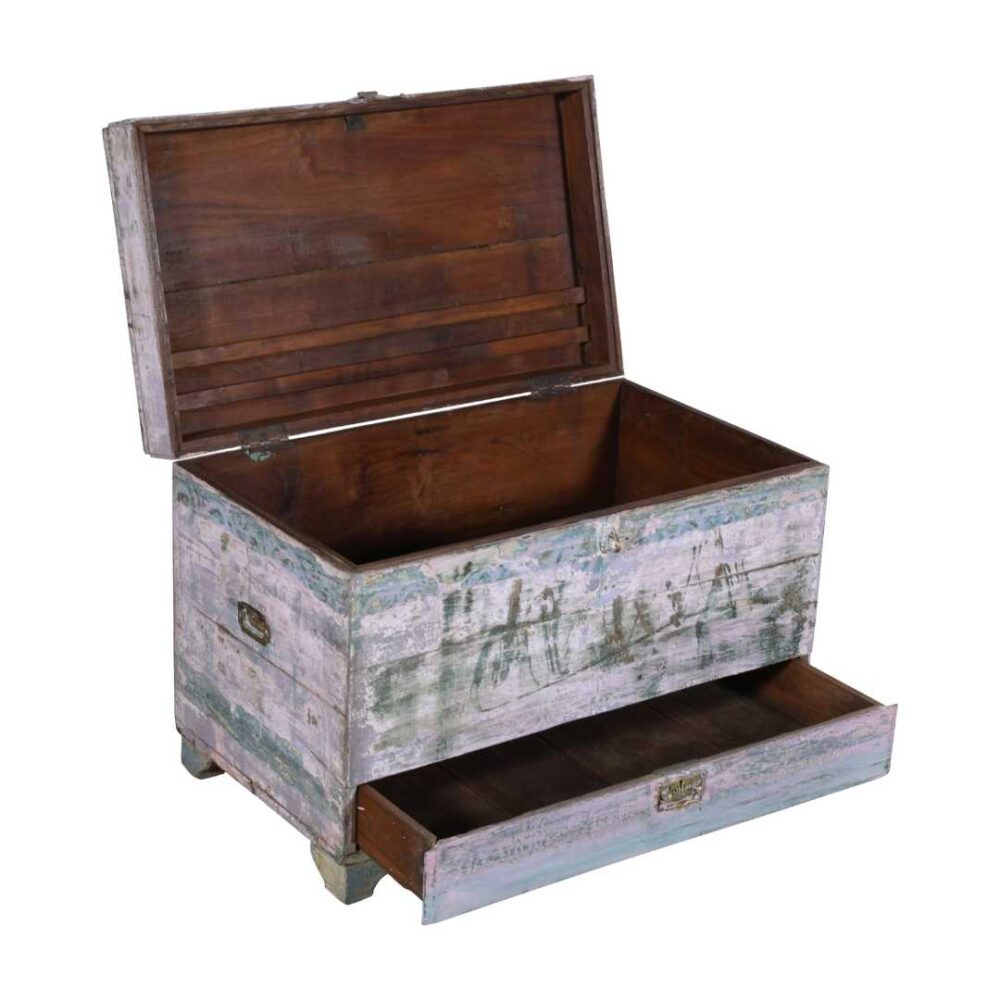 Antique Pastel Lilac & Blue Indian Teak Dowry Treasure Chest – 19th Century Coffee Side Table - Image 2