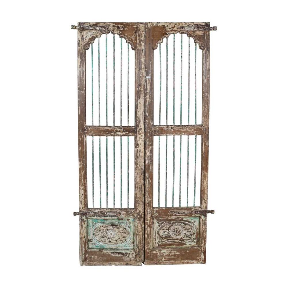 Antique Verdigris Green & Weathered Brown Indian Teak Jali Door Garden Gate Pair – 19th Century - Image 2