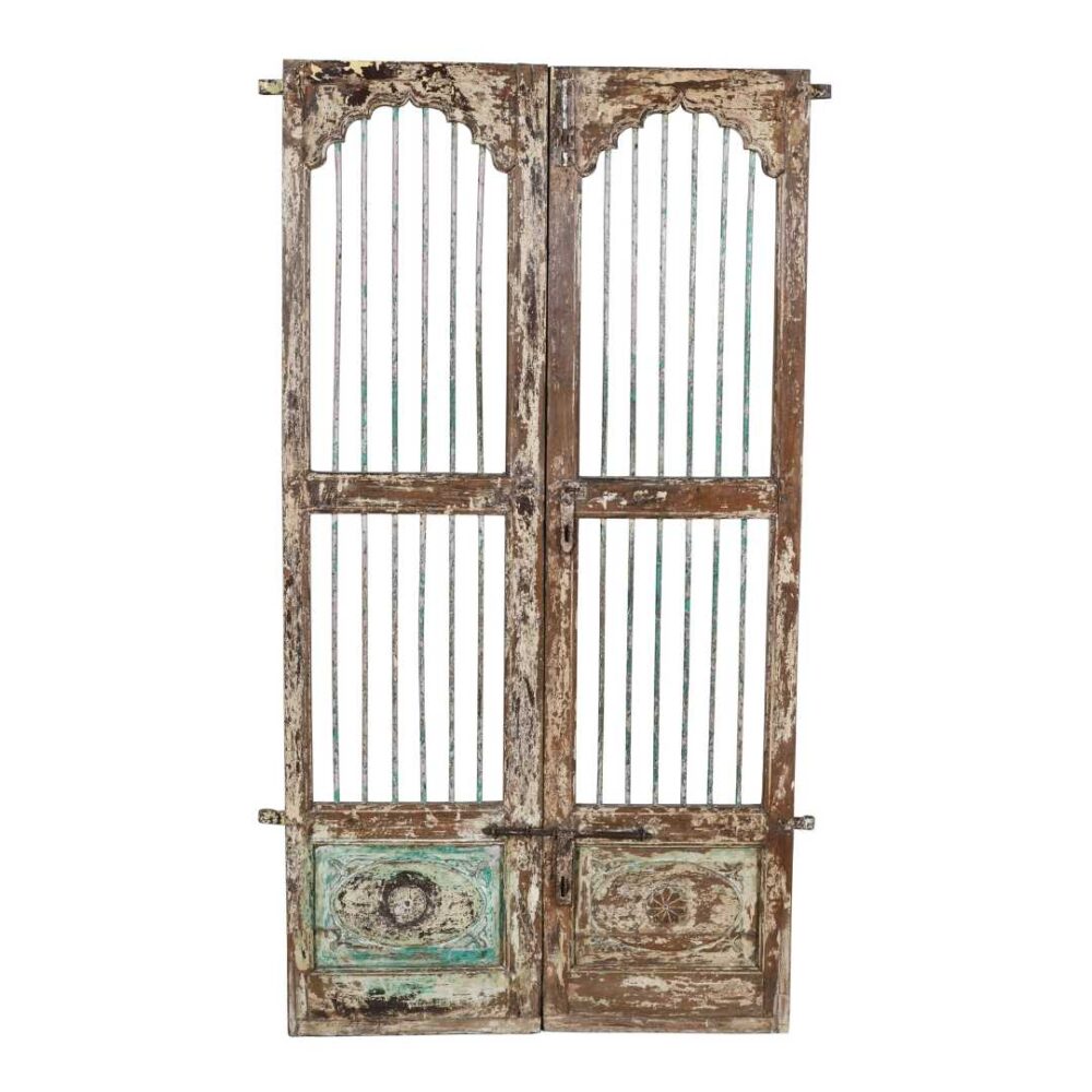 Antique Verdigris Green & Weathered Brown Indian Teak Jali Door Garden Gate Pair – 19th Century