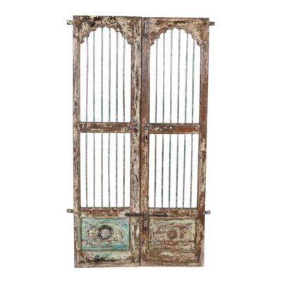 Antique Verdigris Green & Weathered Brown Indian Teak Jali Door Garden Gate Pair – 19th Century