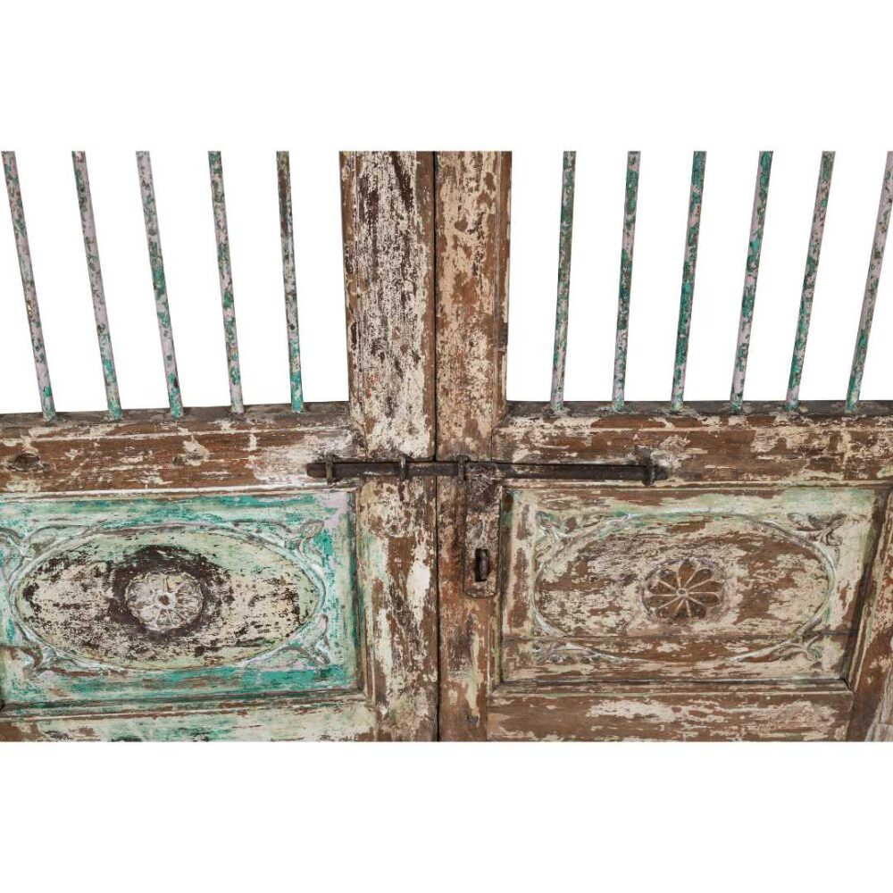 Antique Verdigris Green & Weathered Brown Indian Teak Jali Door Garden Gate Pair – 19th Century - Image 3