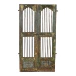 Antique Olive Green & Ochre Indian Teak Jali Door Garden Gate Pair – 19th Century