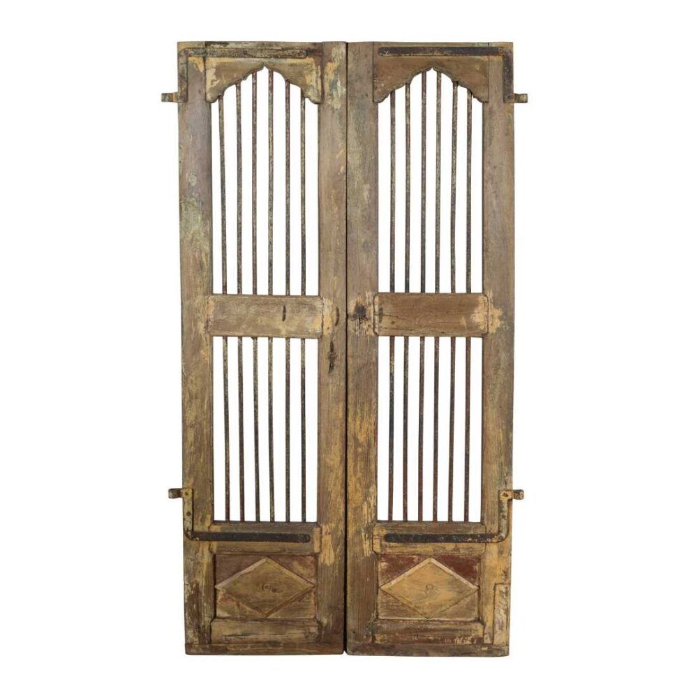 Antique Olive Green & Ochre Indian Teak Jali Door Garden Gate Pair – 19th Century - Image 4