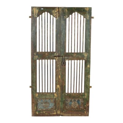 Antique Olive Green & Ochre Indian Teak Jali Door Garden Gate Pair – 19th Century