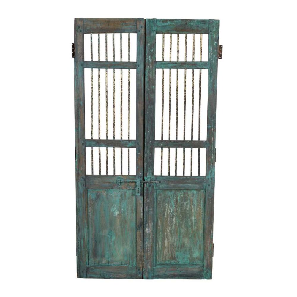 Antique Verdigris Teal & Rustic Brown Indian Teak Jali Door Garden Gate Pair – 19th Century - Image 2
