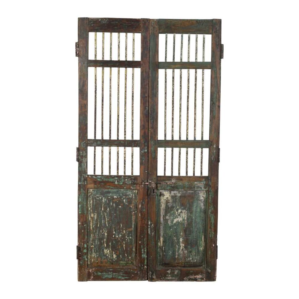 Antique Verdigris Teal & Rustic Brown Indian Teak Jali Door Garden Gate Pair – 19th Century