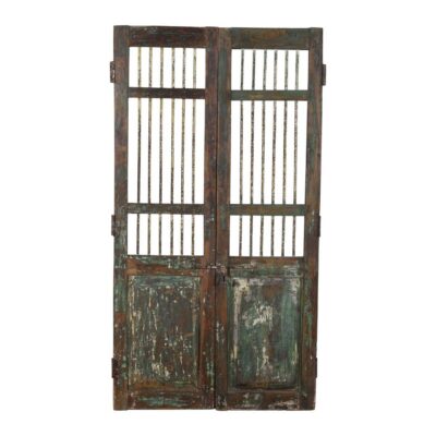 Antique Verdigris Teal & Rustic Brown Indian Teak Jali Door Garden Gate Pair – 19th Century