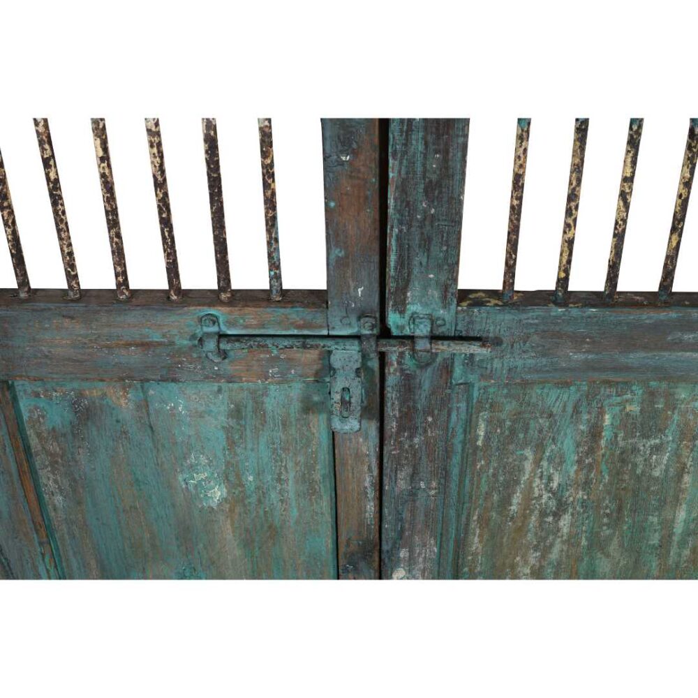 Antique Verdigris Teal & Rustic Brown Indian Teak Jali Door Garden Gate Pair – 19th Century - Image 4