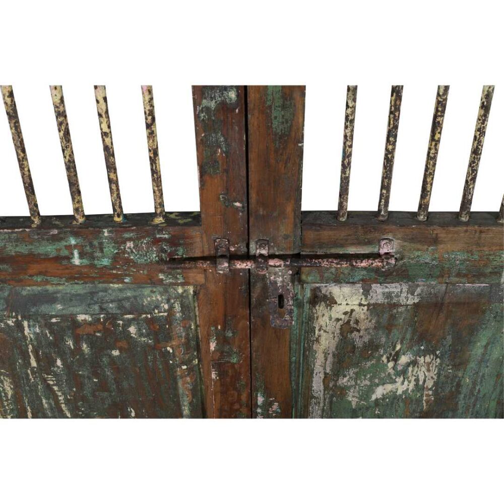 Antique Verdigris Teal & Rustic Brown Indian Teak Jali Door Garden Gate Pair – 19th Century - Image 3