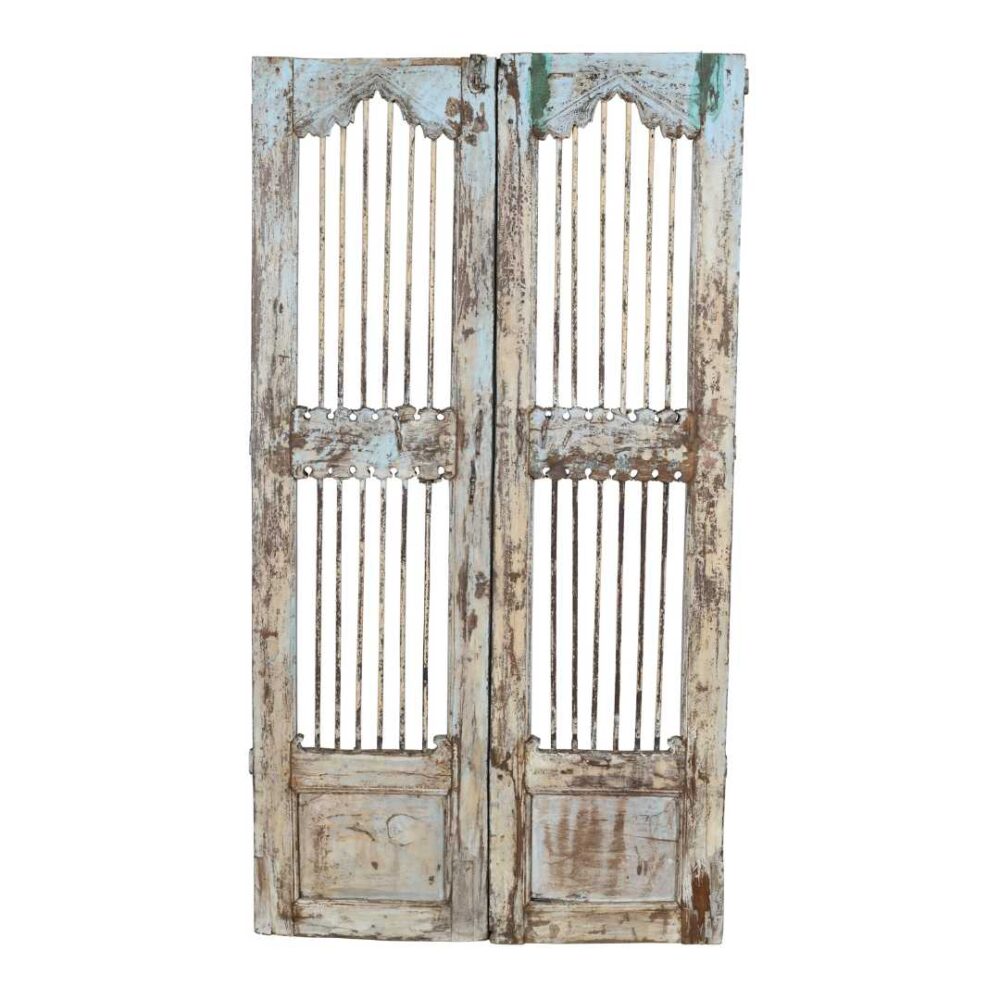 Antique Pale Blue & Weathered Cream Indian Teak Jali Door Garden Gate Pair – 19th Century