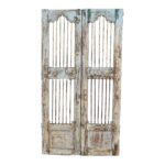 Antique Pale Blue & Weathered Cream Indian Teak Jali Door Garden Gate Pair – 19th Century