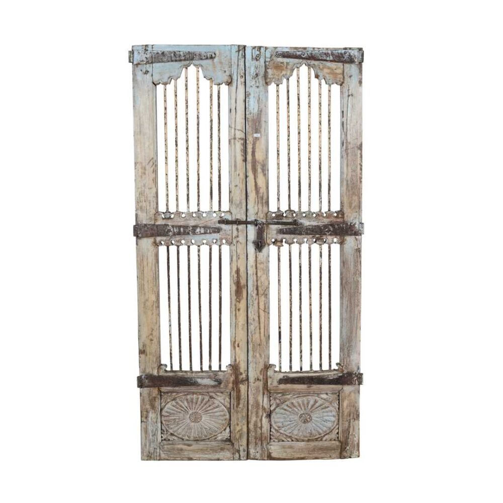 Antique Pale Blue & Weathered Cream Indian Teak Jali Door Garden Gate Pair – 19th Century - Image 2
