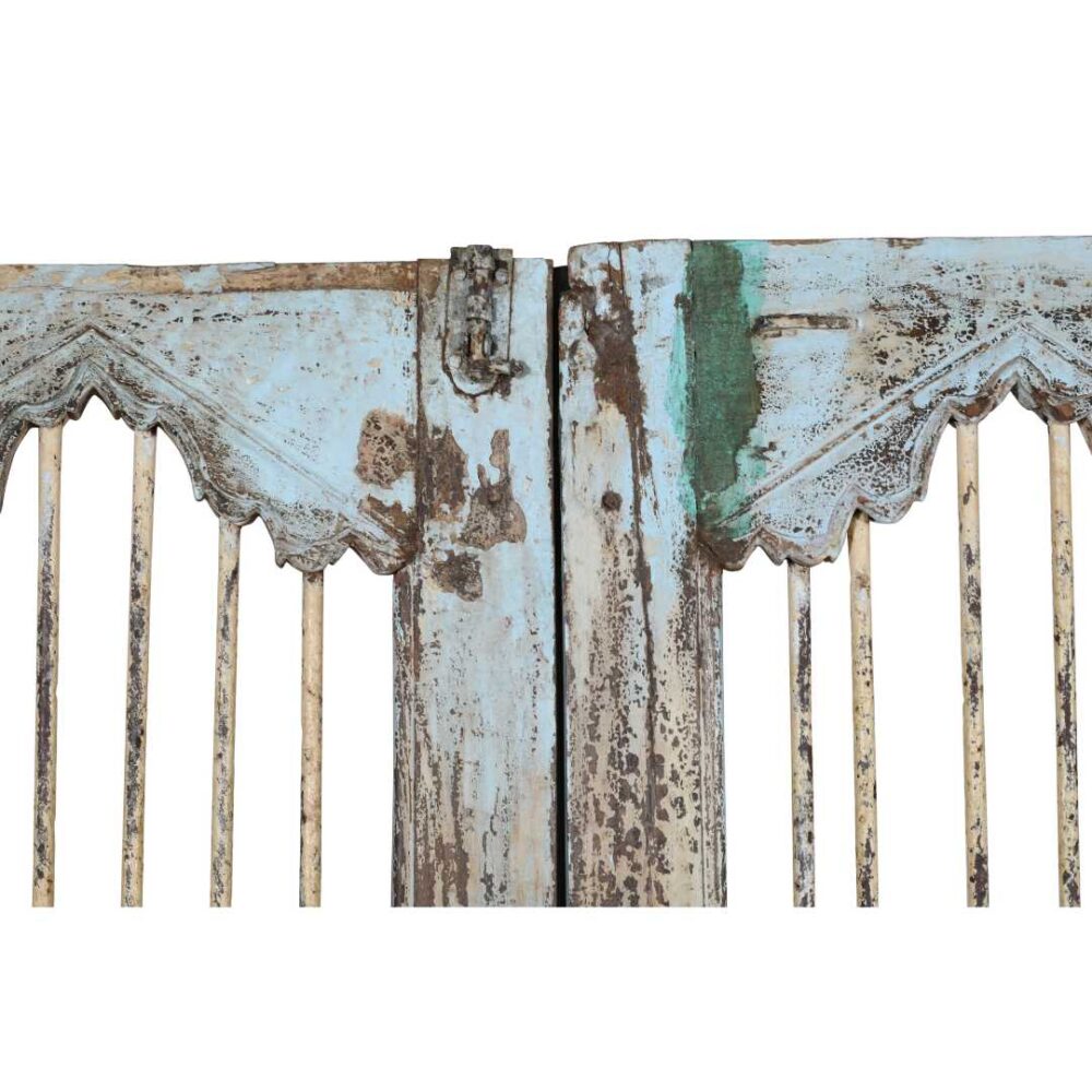 Antique Pale Blue & Weathered Cream Indian Teak Jali Door Garden Gate Pair – 19th Century - Image 4