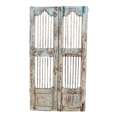 Antique Pale Blue & Weathered Cream Indian Teak Jali Door Garden Gate Pair – 19th Century