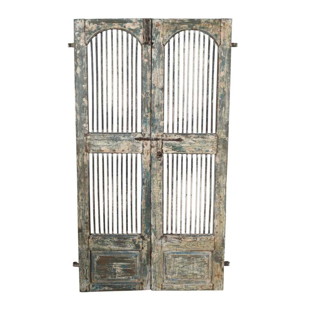 Antique Weathered Blue & Cream Indian Teak Jali Door Garden Gate Pair – 19th Century