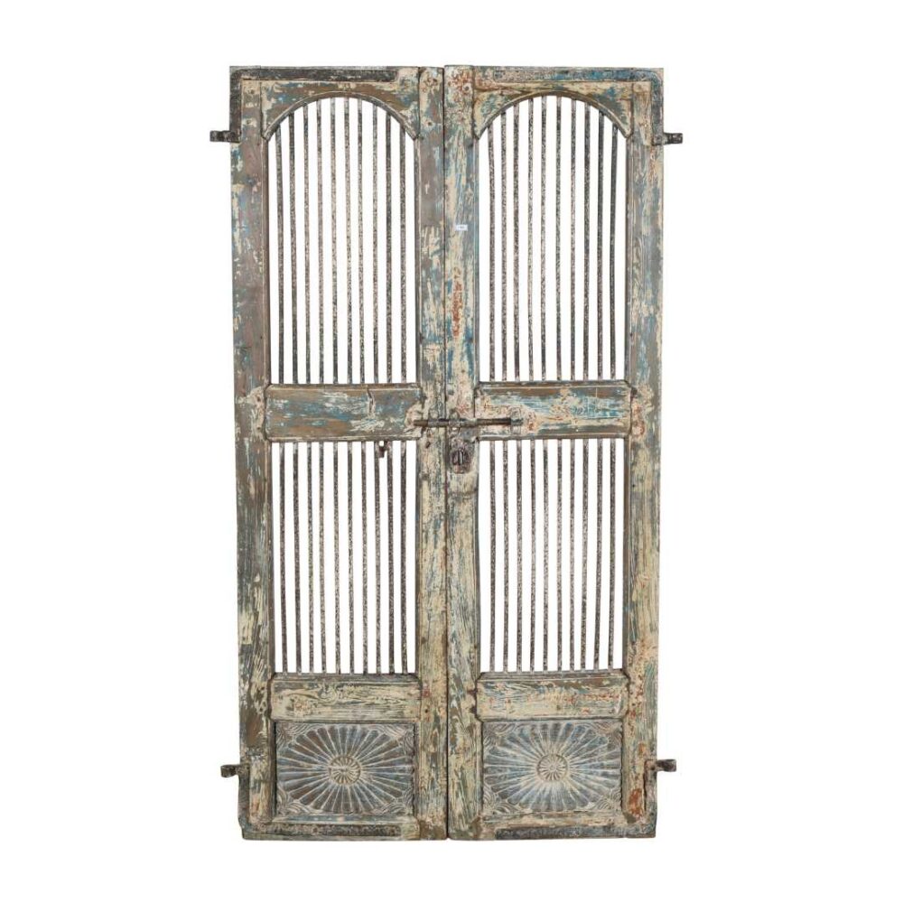 Antique Weathered Blue & Cream Indian Teak Jali Door Garden Gate Pair – 19th Century - Image 2