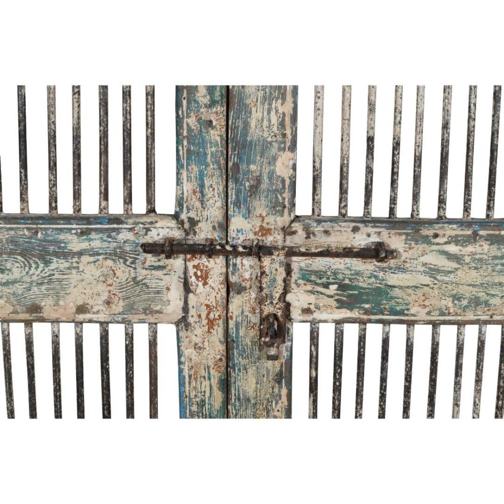Antique Weathered Blue & Cream Indian Teak Jali Door Garden Gate Pair – 19th Century - Image 4