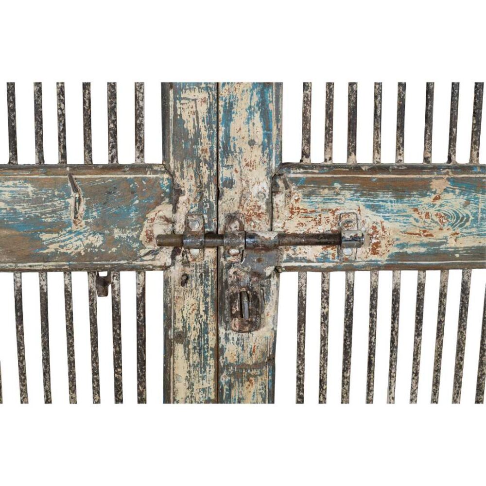 Antique Weathered Blue & Cream Indian Teak Jali Door Garden Gate Pair – 19th Century - Image 3