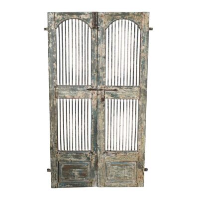 Antique Weathered Blue & Cream Indian Teak Jali Door Garden Gate Pair – 19th Century